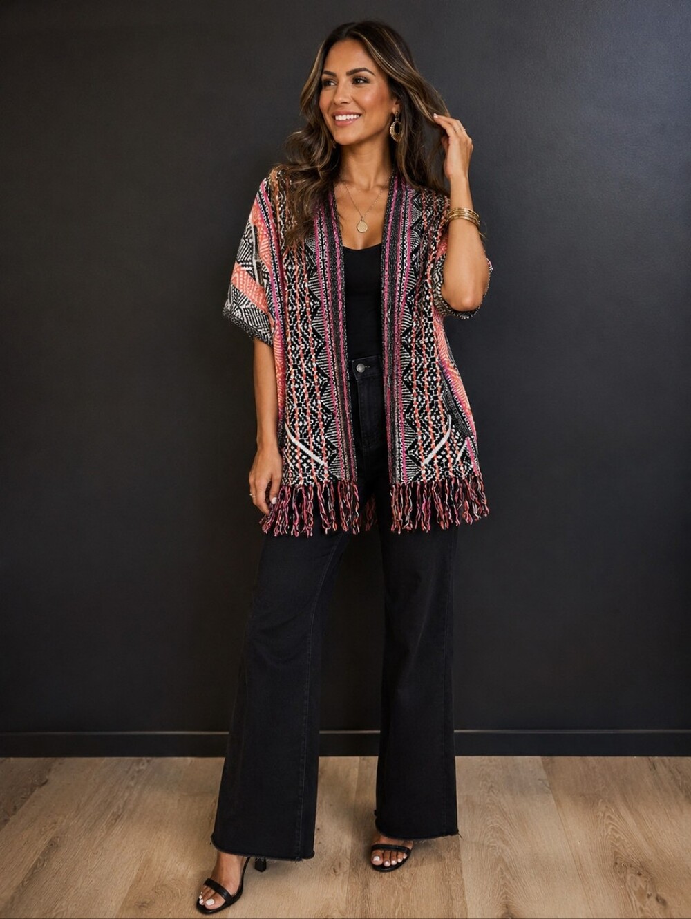 Ella Moss Short Sleeve Knit Sweater Cardigan With Fringes XS